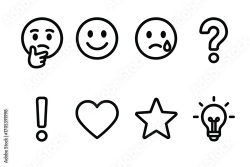 Icon Outline Emotions Grid. Outline icon set of journal writing emotions: thoughtful face, smile, tear, question mark, exclamation