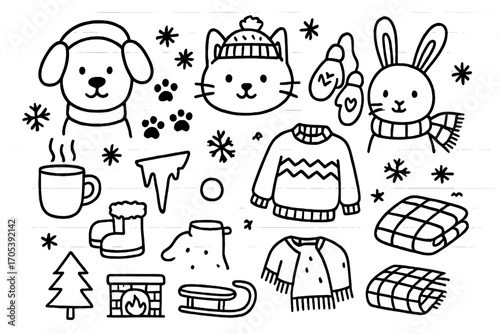 Winter Pets Doodles. Hand-drawn doodle illustration Pets in winter outfits dog with earmuffs, cat with knitted hat, rabbit with