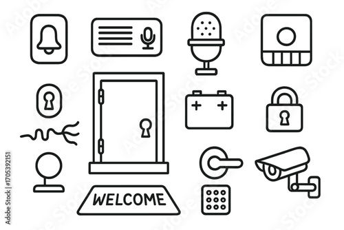 Doorbell Doodle Elements. Hand-drawn doodle illustration doorbell doorbell button, speaker, microphone, chime, battery, wire, door