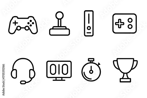 Gaming Control Icons. Outline icon set of control in gaming: game controller, joystick, console, button pad, headset, scoreboard,