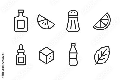 Shot Glass Ingredients Icons. Outline icon set of shot glass ingredients: tequila bottle, lime fruit, salt shaker, orange slice,