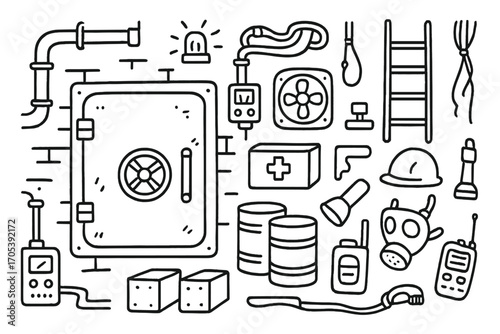 Bunker Essentials Icons. Hand-drawn doodle illustration Underground bunker steel door, ventilation system, control panel,