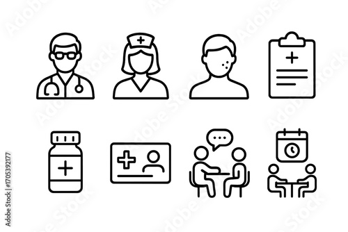 Dermatology Care Icons. Outline icon set of dermatology patient care: doctor, nurse, patient, medical chart, prescription bottle,