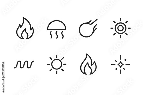 Heat and Spirit Icons. Outline icon set of heat and spirit: burning flame, radiant heat, fireball, molten core, heat pulse, solar