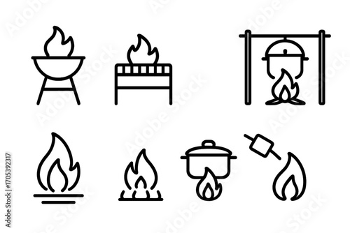 Fire Cooking Icons. Outline icon set of cooking with fire: grill flame, barbecue, cooking fire, campfire cooking, open flame,