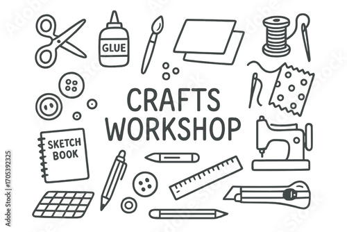 Craft Workshop Doodle. Hand-drawn doodle illustration crafts workshop scissors, glue, paintbrush, paper, beads, thread, needle,
