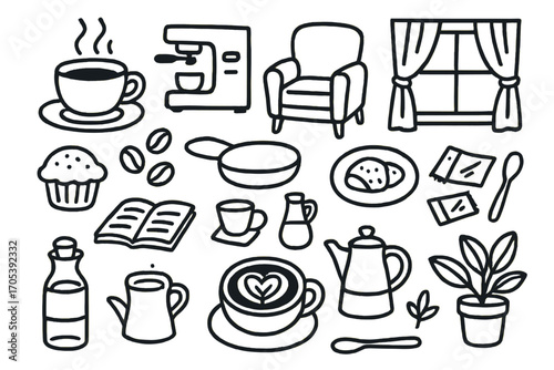 Cozy Coffee Doodle. Hand-drawn doodle illustration Warm coffee and cozy atmosphere coffee cup, steam, saucer, coffee beans,