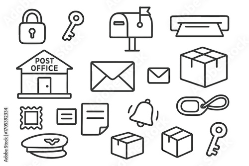 Postal Elements Doodle. Hand-drawn doodle illustration Postal security and access lock, key, mailbox, mail slot, flag, post office
