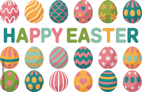 Happy easter with colorful decorated easter eggs on white