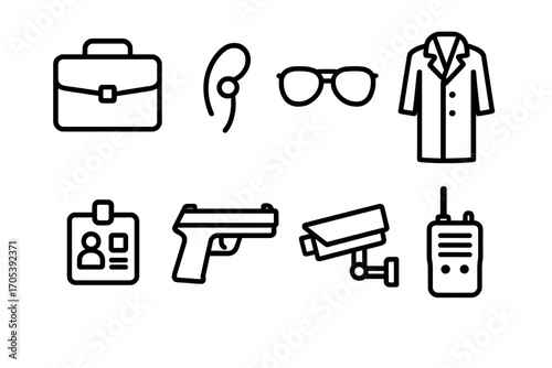 Field Agent Essentials. Outline icon set of field agent essentials: briefcase, earpiece, sunglasses, trench coat, ID badge,