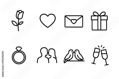 Romantic Icon Set. Outline icon set of romantic gestures: rose, heart, love message, gift box, engagement ring, couple silhouette,