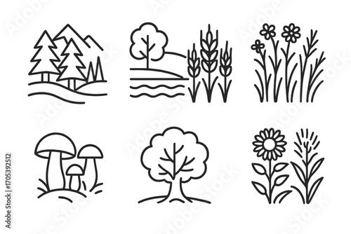 Ukrainian Nature Icons. Outline icon set of Ukrainian nature: Carpathian forests, Dnipro River, wheat field, wildflowers, steppe