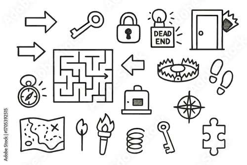 Maze Doodle Icons. Hand-drawn doodle illustration trap maze maze, arrows, dead end, key, lock, door, trapdoor, alarm, timer,