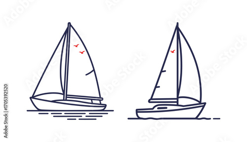 Two hand drawn sailing boats with red birds. Outline art summer banner. Vintage sailboat illustration on a white background.