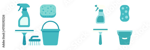 Household cleaning tools: spray bottles, sponges, buckets, and brushes