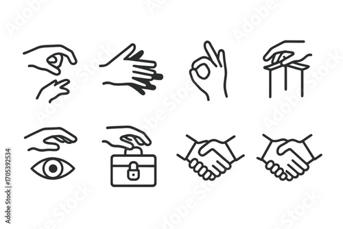 Hidden Hand Icons. Outline icon set of hidden hand actions: manipulation, shadow, hand gesture, puppet strings, eye watching,
