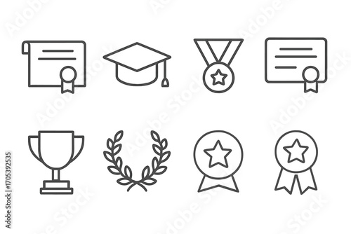 Academic Awards Icons. Outline icon set of academic awards: diploma, graduation cap, medal, certificate, trophy cup, laurel wreath