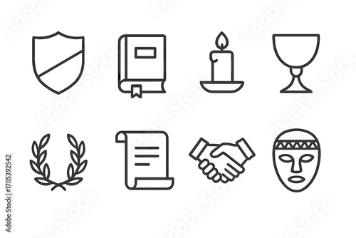 Traditional Symbol Icons. Outline icon set of tradition symbols: family crest, old book, candle, chalice, wreath, ancient scroll,