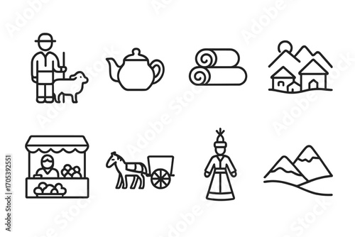 Cultural Line Icon Set. Outline icon set of Kyrgyz daily life: shepherd, tea pot, felt blankets, mountain village, marketplace,