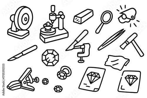 Gem Polishing Tools. Hand-drawn doodle illustration gemstone polishing polishing wheel, faceting machine, loupe, polishing