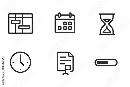 Project Management Icons. Outline icon set of project scheduling and deadlines: Gantt chart, checklist, calendar, hourglass, clock