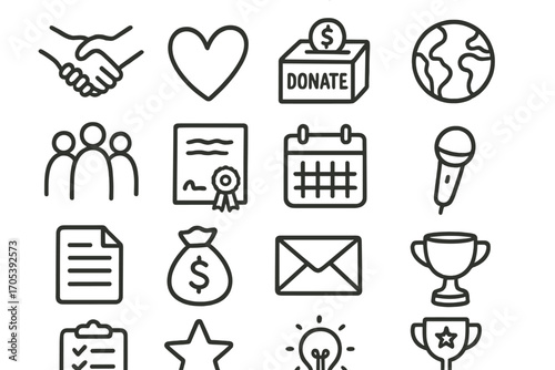 Nonprofit Symbols Doodle. Hand-drawn doodle illustration nonprofit foundation handshake, heart, donation box, globe, group of
