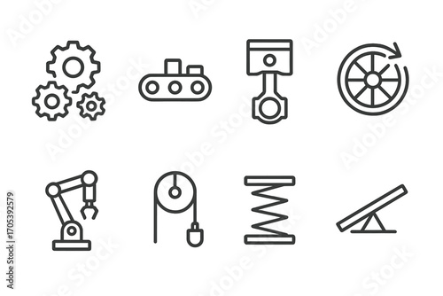 Mechanical Movement Icons. Outline icon set of mechanical movement: gears turning, conveyor belt, piston, wheel rotation, robotic