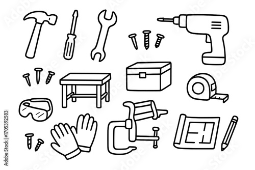 Workshop Tools Doodle. Hand-drawn doodle illustration lapidary tools faceting machine, polishing wheel, loupe, cutting tool,