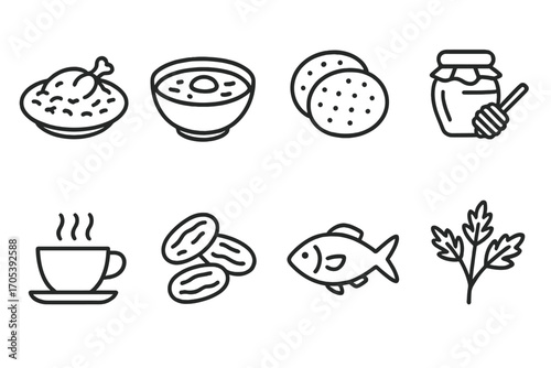 Yemeni Icons Collection. Outline icon set of Yemeni cuisine: Mandi rice, Saltah stew, Flatbread (Lahoh), Honey, Coffee cup, Dates,