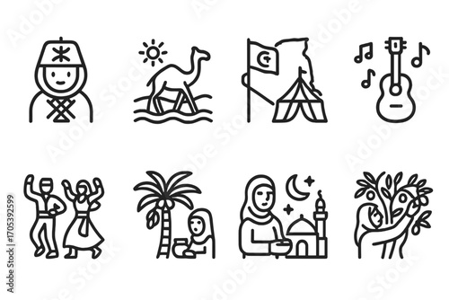 Algerian Festival Icons. Outline icon set of Algerian festivals: Yennayer (Berber New Year), Sahara Festival, National Day, Music