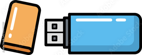 Digital Data Storage USB Drive Icon Illustration For Graphic Design And Technology Projects Featuring A Blue USB Stick With An Orange Cap