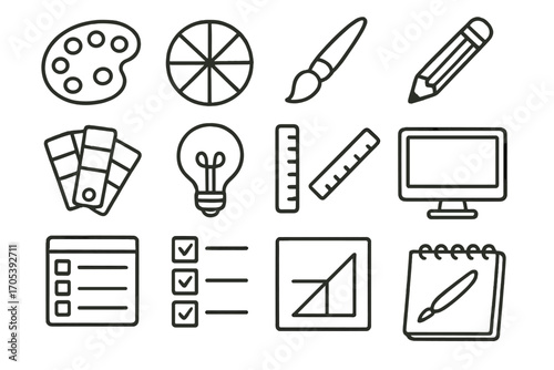 Creative Tools Doodle. Hand-drawn doodle illustration color scheme paint palette, color wheel, brush, pencil, swatches, light bulb