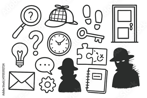 Mystery Doodle Icons. Hand-drawn doodle illustration mystery conundrum magnifying glass, question mark, detective hat, footprints,