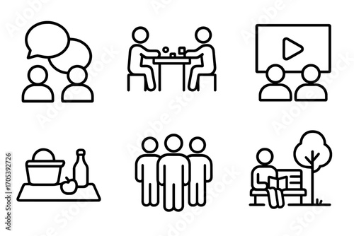 Social Day Icons. Outline icon set of social rest day: chatting, board games, coffee meetup, movie watching, picnic, family