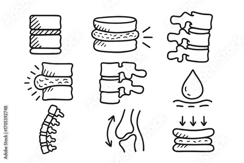 Intervertebral Disc Icons. Hand-drawn doodle illustration intervertebral discs disc icon, vertebral sandwich, cartilage layer,