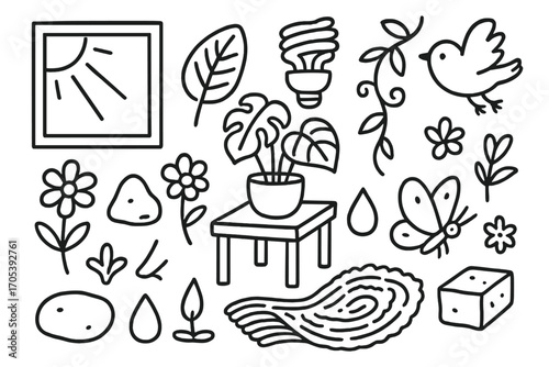 Nature-Inspired Indoor Elements. Hand-drawn doodle illustration Bringing outdoors inside indoor plant, leaf, sunlight, wooden
