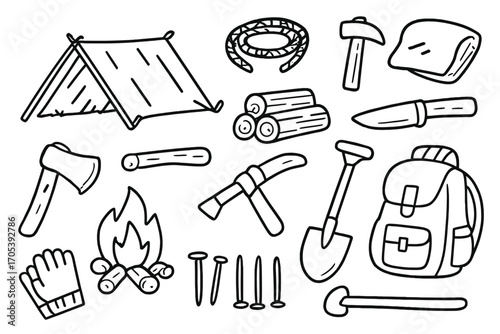 Survival Shelter Icons. Hand-drawn doodle illustration survival shelter building tent, axe, rope, hammer, wood logs, knife, tarp,