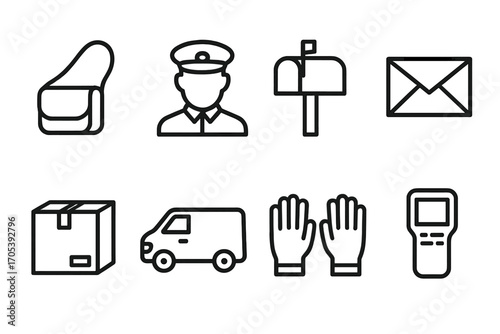 Postal Service Icons. Outline icon set of postal worker: mailbag, uniform cap, mailbox, envelope, parcel, delivery van, sorting