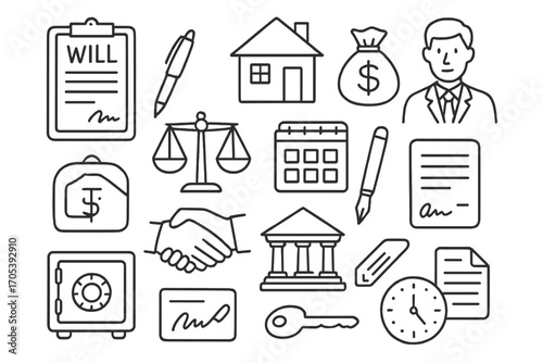 Estate Planning Doodles. Hand-drawn doodle illustration inheritance estate planning will document, house, money bag, lawyer,