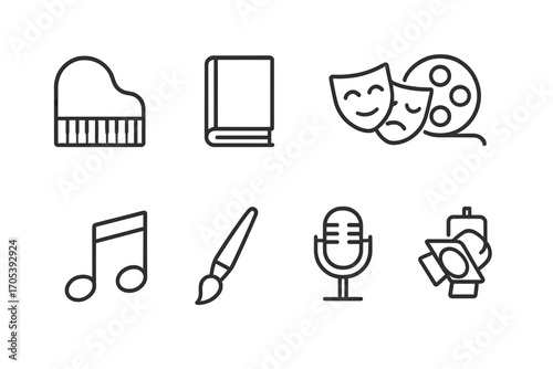 Midnight Arts Icons. Outline icon set of midnight arts and entertainment: piano, book, theater mask, film reel, music note,