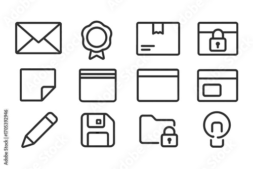 Sealed Package Icons. Outline icon set of sealed packages: sealed envelope, wax seal, security tape, locked box, tamper-evident