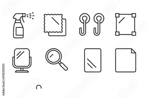 Mirror Accessories Icons. Outline icon set of mirror accessories: mirror cleaning spray, microfiber cloth, suction hooks, mirror
