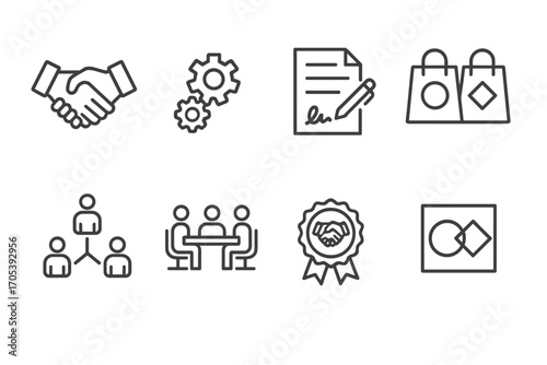 Brand Partnership Icons. Outline icon set of brand collaboration and partnerships: handshake, joint venture, contract signing,