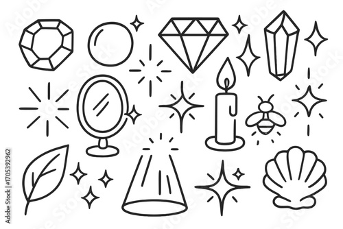 Gems and Glows. Hand-drawn doodle illustration glossy shine polished gem, pearl, diamond, crystal, sparkle stars, mirror, light