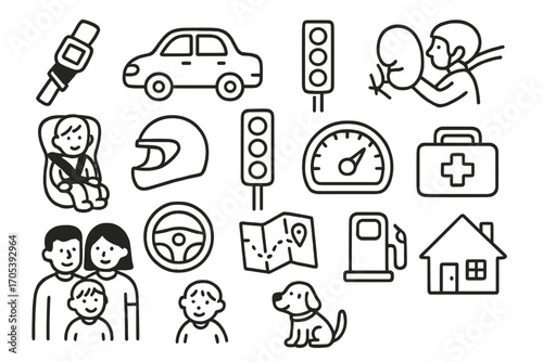 Family Car Safety Icons. Hand-drawn doodle illustration family car safety seat belt, car, airbags, children, helmet, traffic light