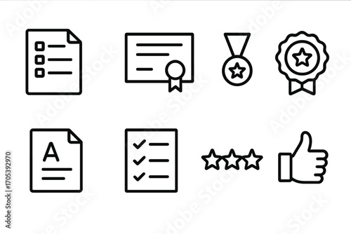 Knowledge Evaluation Icons. Outline icon set of knowledge evaluation: test, certificate, medal, badge, report card, checklist,
