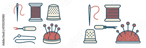 Sewing supplies: needle, thread, thimble, pincushion, and spool