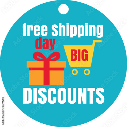 Vector art of free shipping day big discounts with gift and shopping cart