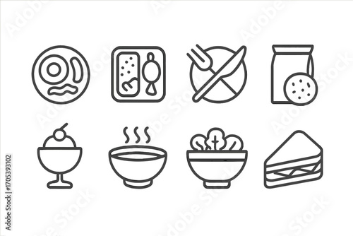 Meal Type Icons. Outline icon set of meal types: breakfast plate, lunch box, dinner plate, snack, dessert bowl, soup bowl, salad