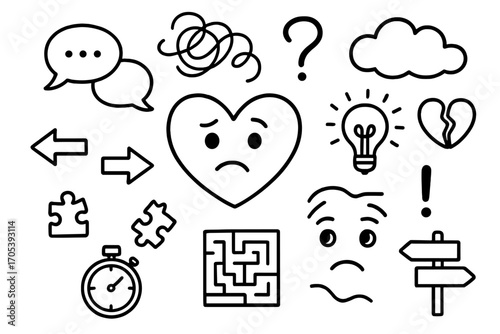 Mixed Emotions Icons. Hand-drawn doodle illustration mixed feelings heart, confused face, question mark, speech bubbles, swirl,